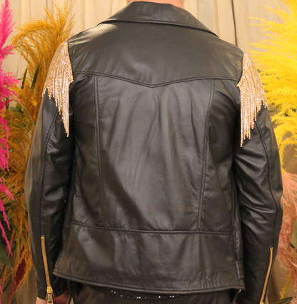 Leather Jacket with Zip and Gold Rhinestones