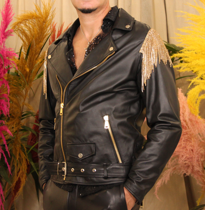 Leather Jacket with Zip and Gold Rhinestones